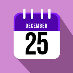 December day 25. Number twenty five on a white paper with purple border on a pink background, calendar sheet. Vector illustration.