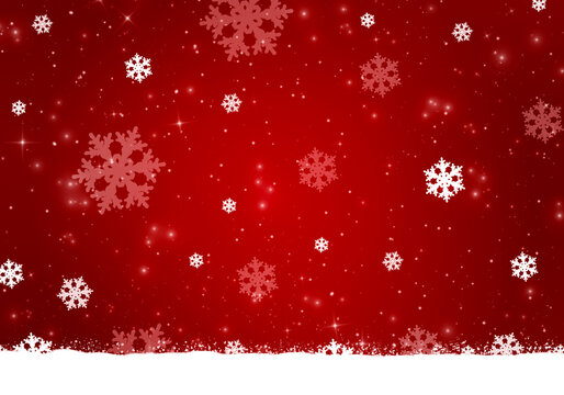 Abstract winter background for the Christmas season with white and red snowflakes and a layer of snow.