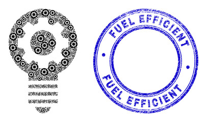 Vector gear bulb icon composition is composed from scattered recursive gear bulb pictograms. Fuel Efficient textured blue round seal. Recursive composition for gear bulb icon.