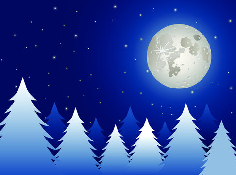 Bright Christmas night with huge moon and pine trees vector