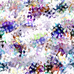Messy summer tie dye batik beach wear pattern. Seamless colourful stain space dyed effect fashion. Washed out soft furnishing background. 