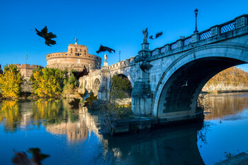 Castel Sant'Angelo and its statues at sunrise, Rome, Italy