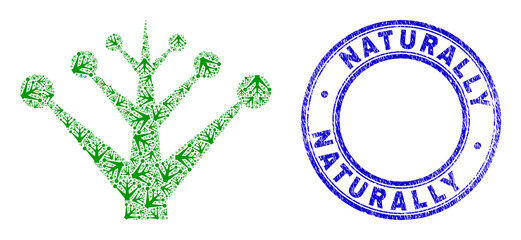 Vector garden tree icon mosaic is made from randomized self garden tree icons. Naturally grunge blue round stamp. Recursion mosaic from garden tree icon.