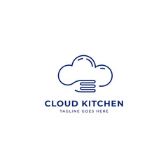 Cloud kitchen logo, digital technology cloud kitchen with fork monoline line icon logo