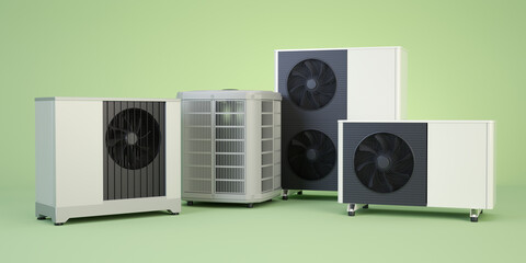 Air heat pump collection on green background, 3d illustration - obrazy, fototapety, plakaty