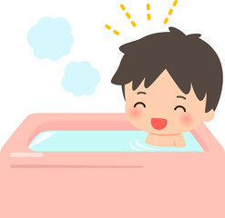 バスタブで湯に浸かる笑顔の男性、入浴