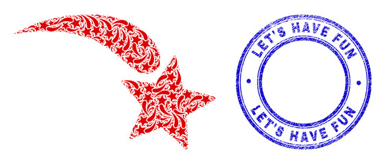 Vector falling star icon mosaic is created from scattered recursive falling star elements. Let'S Have Fun grunge blue round stamp seal. Fractal combination from falling star icon.