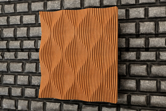 Picture on wall with wooden structure in parametric art or serial plane. Sea waves design in 3d illustration and 3d rendering