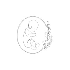 One line drawing cute baby. Modern minimalism art, aesthetic contour. Little kid in the minimalist style. Continuous line vector illustration.
Embryo in womb decorated with , roses, flowers. The mirac