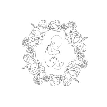 One line drawing cute baby. Modern minimalism art, aesthetic contour. Little kid in the minimalist style. Continuous line vector illustration.
Embryo in womb decorated with , roses, flowers. The mirac