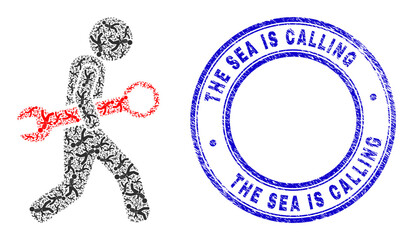 Vector guy steal wrench icon composition is designed of random recursive guy steal wrench pictograms. The Sea Is Calling textured blue round seal print. Recursive composition of guy steal wrench icon.