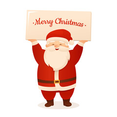 Santa Claus holding sign board, cartoon merry Christmas greeting card. Funny xmas character and banner New Year congratulation. Poster or postcard, presentation, template, design mockup