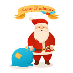 Cartoon Christmas greeting card. Santa Claus holding bag and lollipop, ribbon. Funny xmas character and surprise candy, tape. New Year congratulation for postcard, advertisement presentation