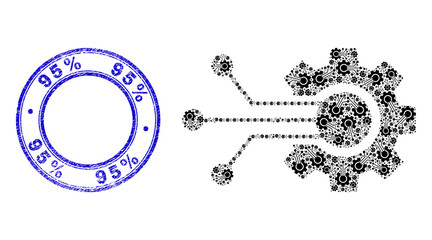 Vector smart cog connections icon mosaic is organized from random self smart cog connections elements. 95% rubber blue round seal print. Fractal mosaic from smart cog connections icon.
