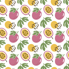 Cute passion fruit seamless pattern. Bright fruits, leaves and seeds in cartoon style. Vector flat hand drawn illustration