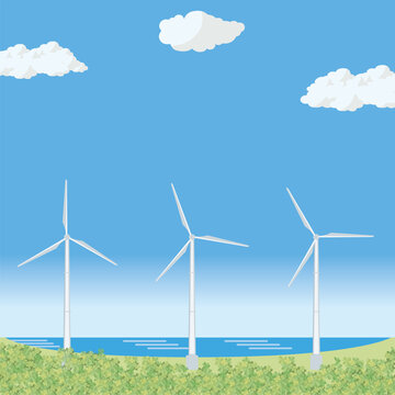 青空と海　風力発電所のイラスト　クリーンエネルギー　地球温暖化防止カーボンニュートラル　SDGs Sustainable Development Goals 