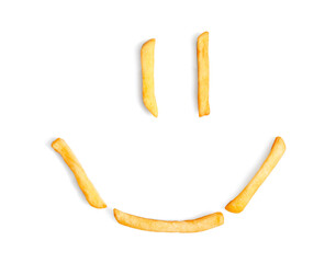 Funny composition with tasty french fries on white background