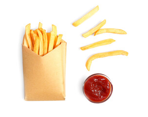 Tasty french fries with tomato sauce on white background