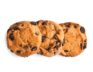 Tasty chocolate chips cookies on white background