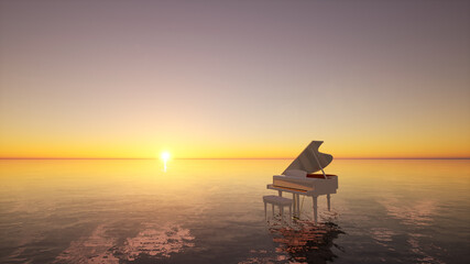 Surreal sea scene with piano on the water at sunset. 3d illustration. - obrazy, fototapety, plakaty