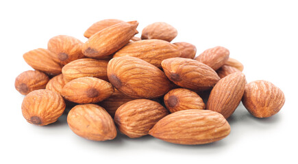 Heap of almond nuts on white background