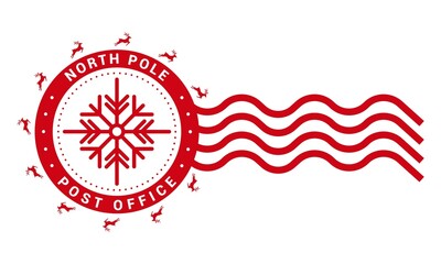 North pole post office. Round stamp design template. Christmas decorative element for handmade gifts with text,reindeers and snowflake silhouette. Vector illustration on white background