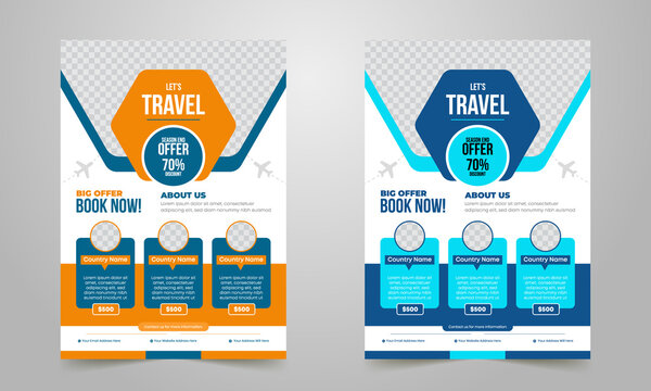 Travel poster or flyer pamphlet brochure design layout space for photo background. Yellow Travel flyer template for travel agency