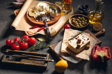 Board and plate with tasty feta cheese on dark background