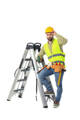 Construction worker with screw gun and ladder on white background