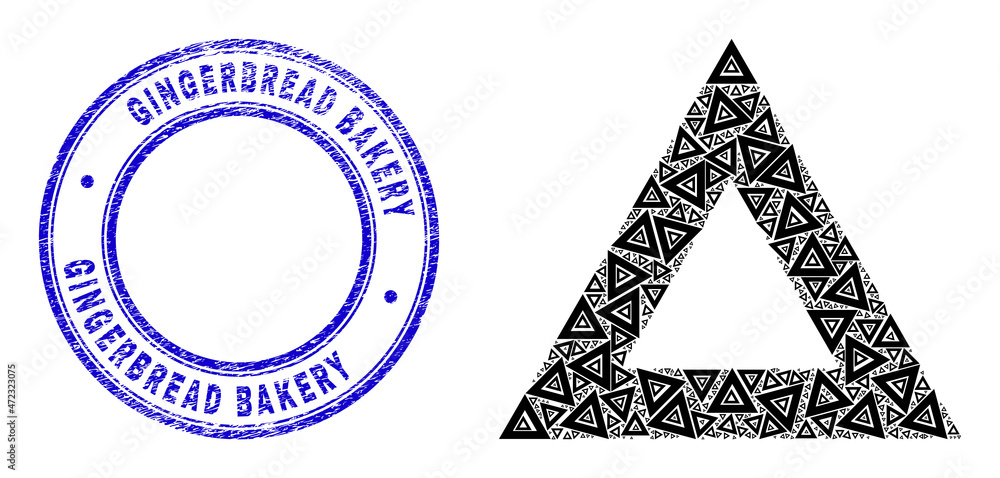 Wall mural Vector empty triangle icon mosaic is constructed from random recursive empty triangle parts. Gingerbread Bakery scratched blue round stamp seal. Fractal collage from empty triangle icon.