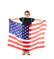 Pupil of language school with USA flag on white background
