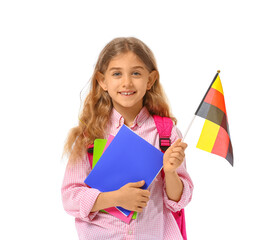 Pupil of language school with German flag on white background