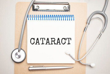 White notepad with the words cataract and a stethoscope on a blue background. Medical concept