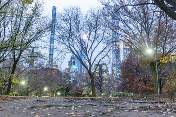 Fall season in Central Park NYC, cold cloudy day.