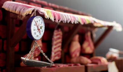 craft butcher shop with weighing machine - Selective focus