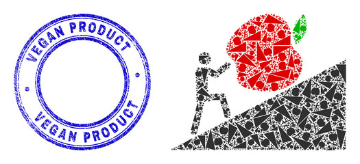 Vector man rolling apple up icon composition is composed of repeating self man rolling apple up parts. Vegan Product grunge blue round stamp. Recursive composition of man rolling apple up icon.