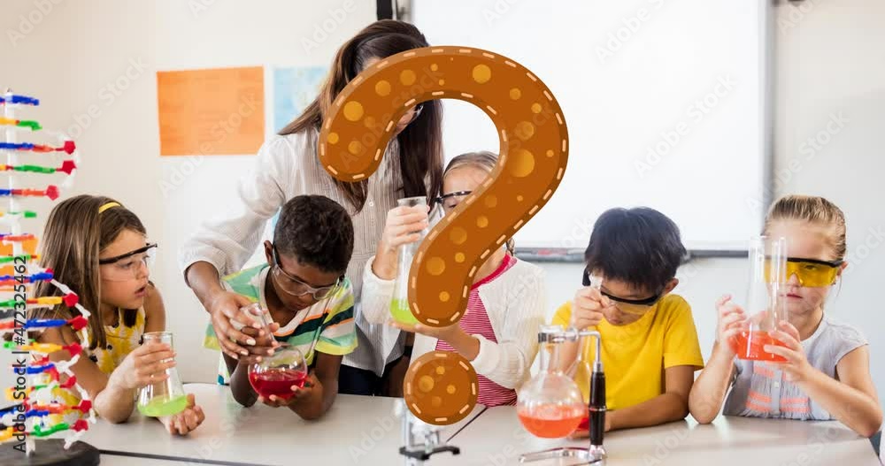 Poster animation of brown question mark over teacher and diverse pupils in elementary science class