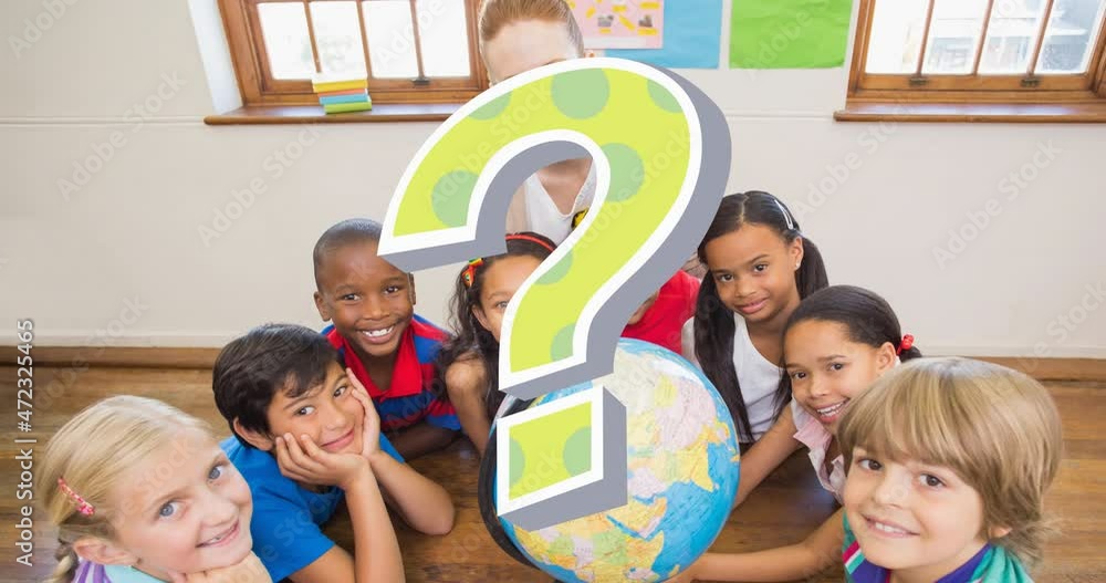 Poster animation of green question mark over diverse elementary school class around globe in classroom