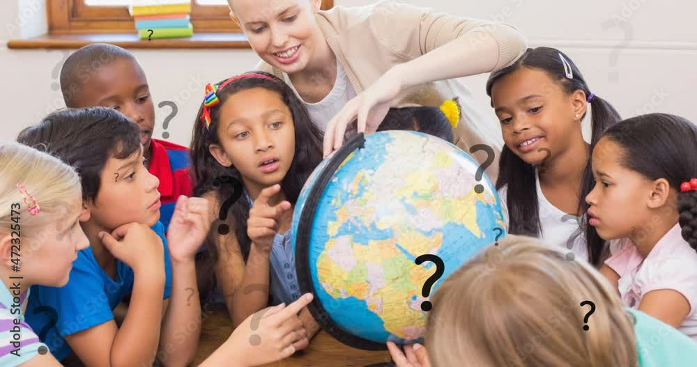Poster animation of question marks over diverse elementary school teacher and class using globe