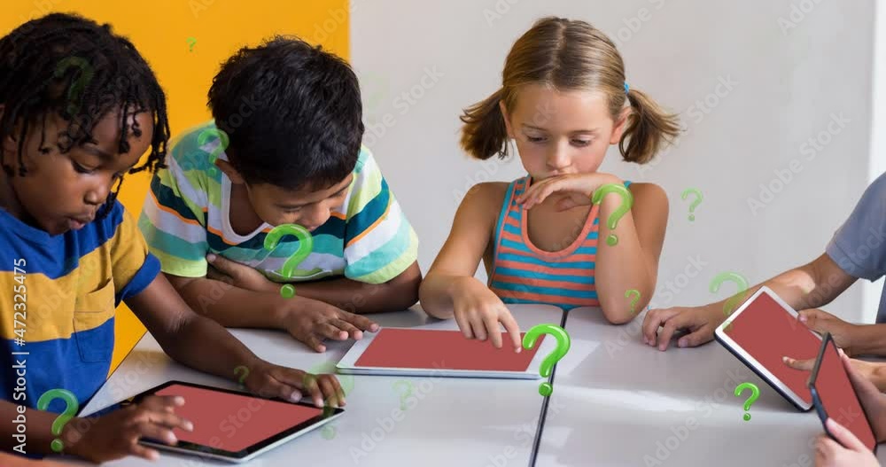 Poster animation of green question marks over diverse elementary school pupils using tablets in class