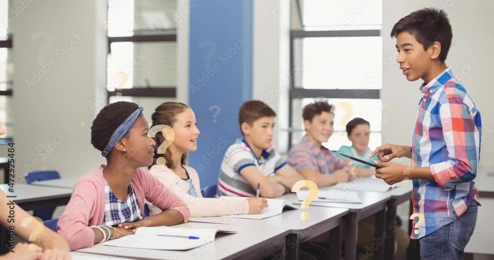 Poster animation of question marks over male student using tablet with diverse classmates in classroom