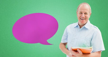 Animation of pink speech bubble over smiling caucasian senior man holding books, on green - Powered by Adobe
