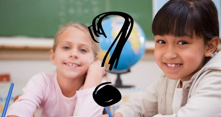 Animation of black question mark over two smiling diverse elementary schoolgirls in classroom