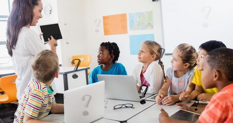 Animation of question marks over female elementary school teacher and diverse pupils with computers