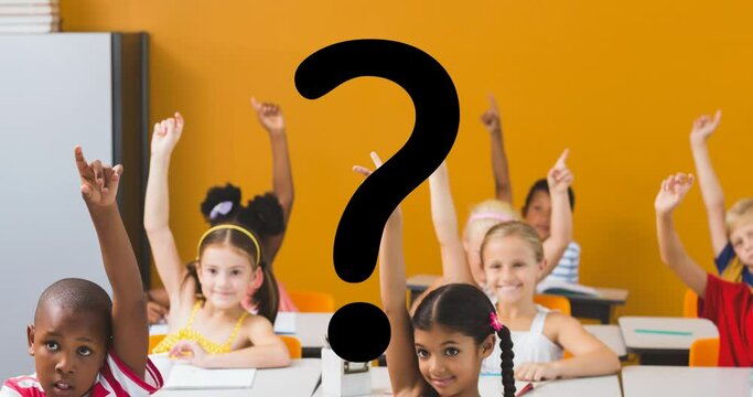 Animation of black question mark over diverse elementary schoolchildren raising hands in class