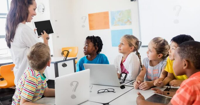 Animation of question marks over female elementary school teacher and diverse pupils with computers