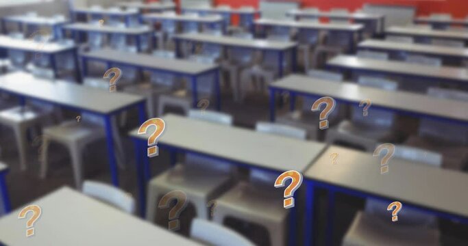 Animation of orange question marks over chairs and desks in empty school classroom