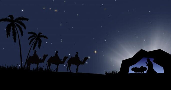 Animation of nativity scene with three kings and shooting star