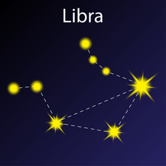 Libra constellation icon. Horoscope symbol. Astrology element. Blue stellar background. Vector illustration. Stock image.
