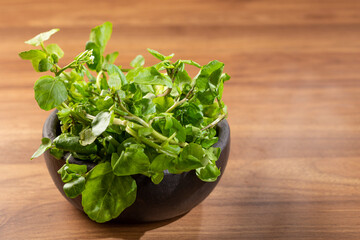 Green watercress in bowl on the table.